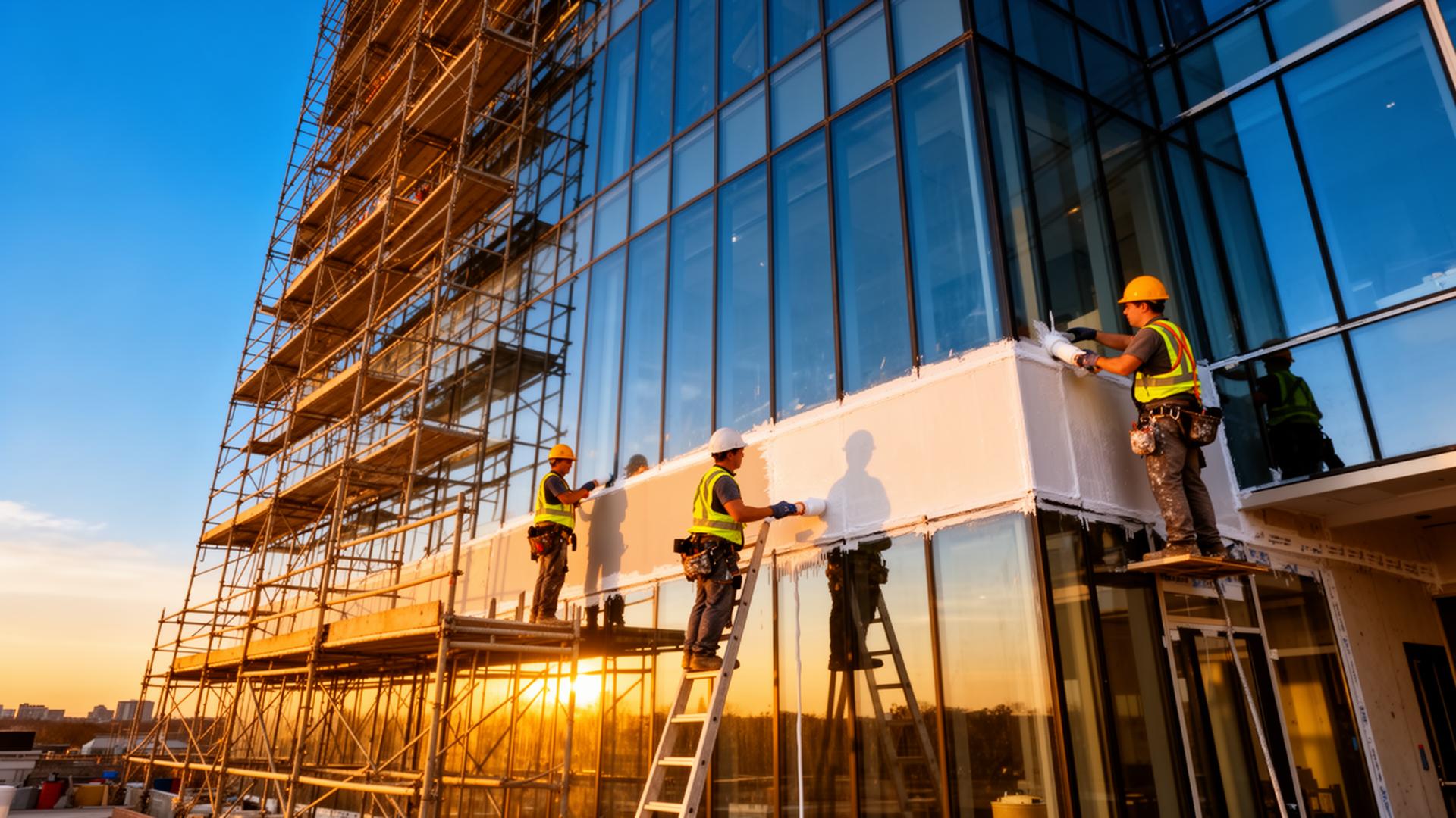 Commercial building under construction with sealant work in progress
